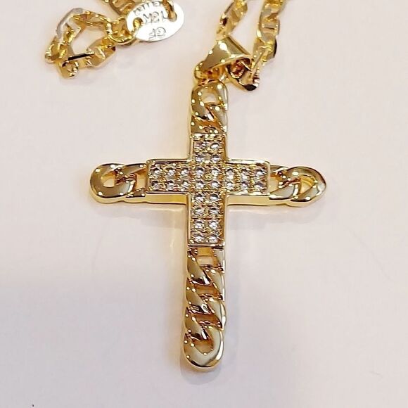 Men's Gold Plated Flat Marine Link Chain w/ Cross pendant - Picture 3 of 5